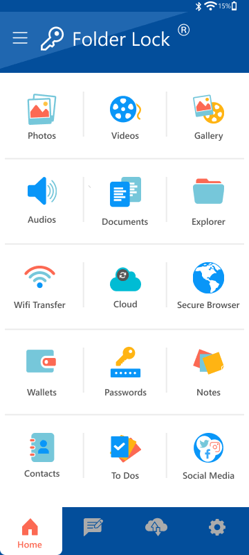Folder Lock for iOS interface showing protected content categories