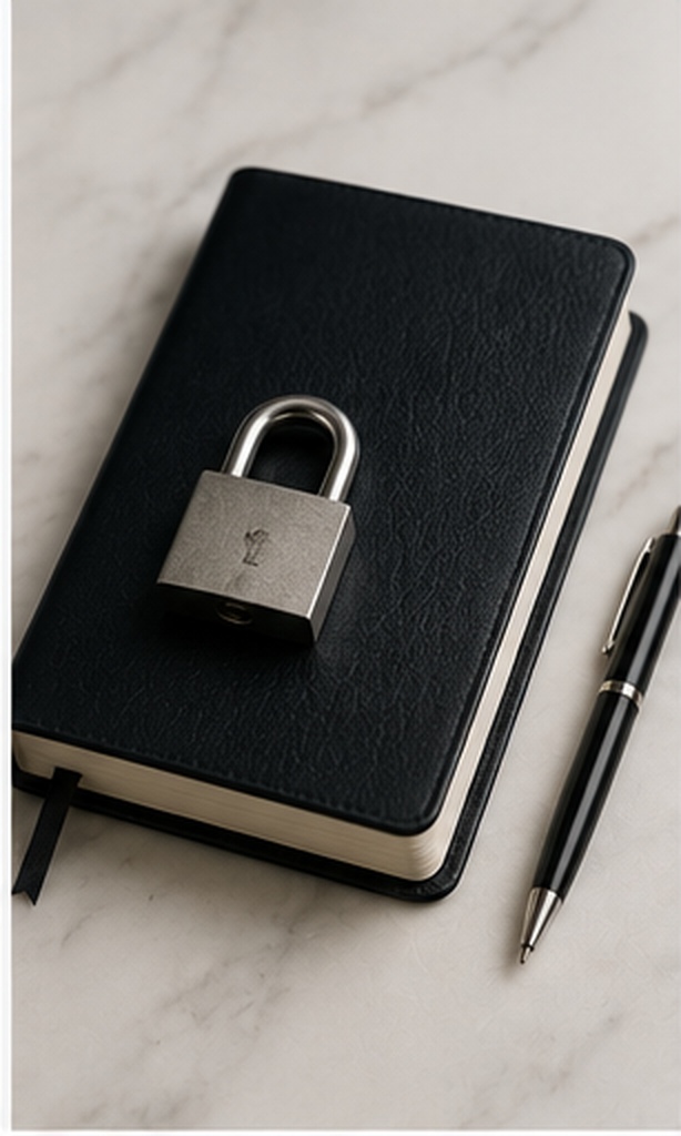 Black notebook secured with a padlock beside a pen